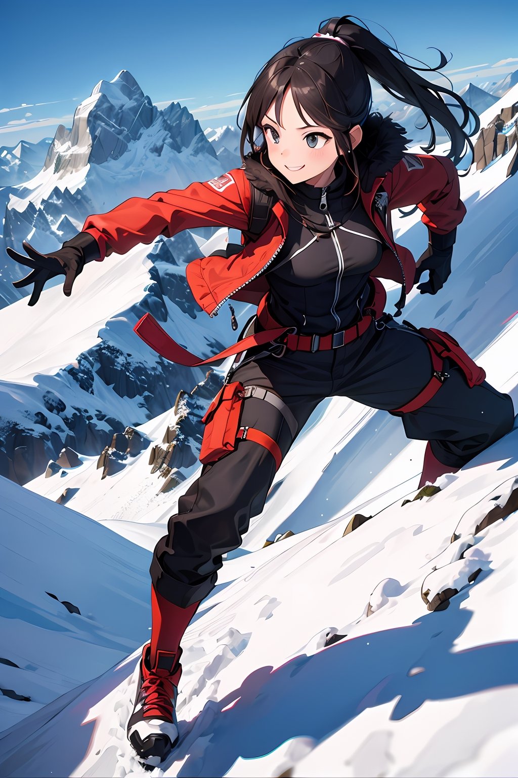 (absurdres, highres, ultra detailed, high resolution: 1.1)
BREAK
1 girl, solo, medium breasts, smile, young,
BREAK
long hair, pony tail,
BREAK
long sleeve jacket, long pants, gloves,
BREAK
(mountaineering:1.2), mountaineer, outdoor, (dynamic pose:1.2), mountain range, ridge, peak, summit, snow, ice, rock, high altitude,
BREAK
nice hands,  perfect hands,