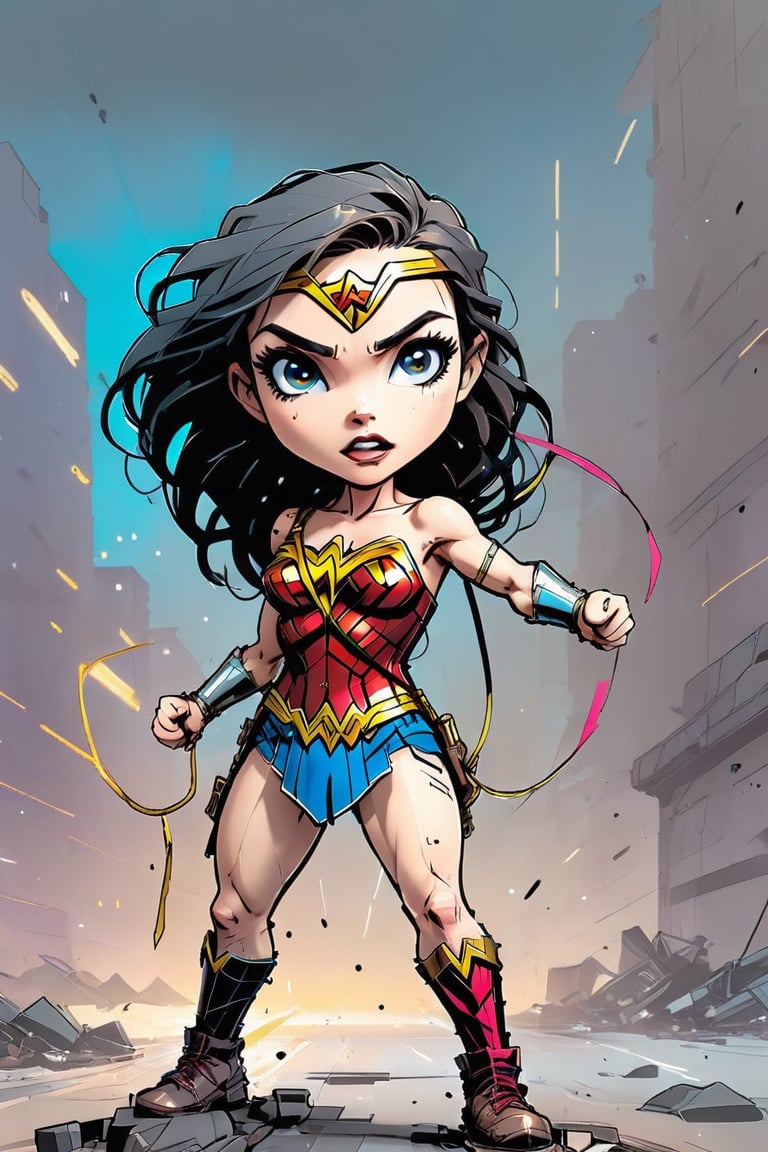 inkpunk style illustration chibi Wonder Woman, action pose, chaotic background,Inkpunk style