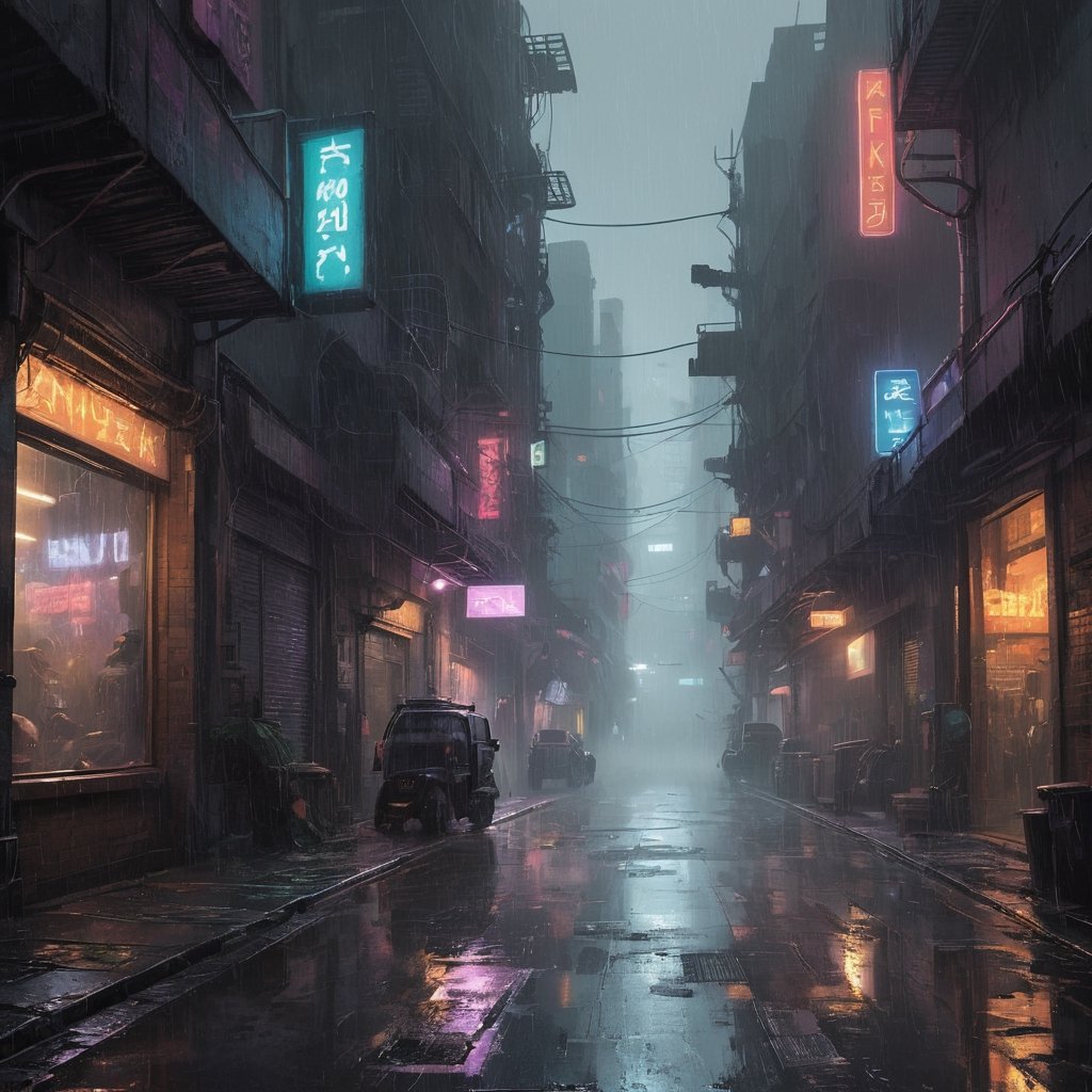 inkpunk style illustration concept art of a busy cyberpunk street, dark alley,rain, reflections, city, mist, fog 