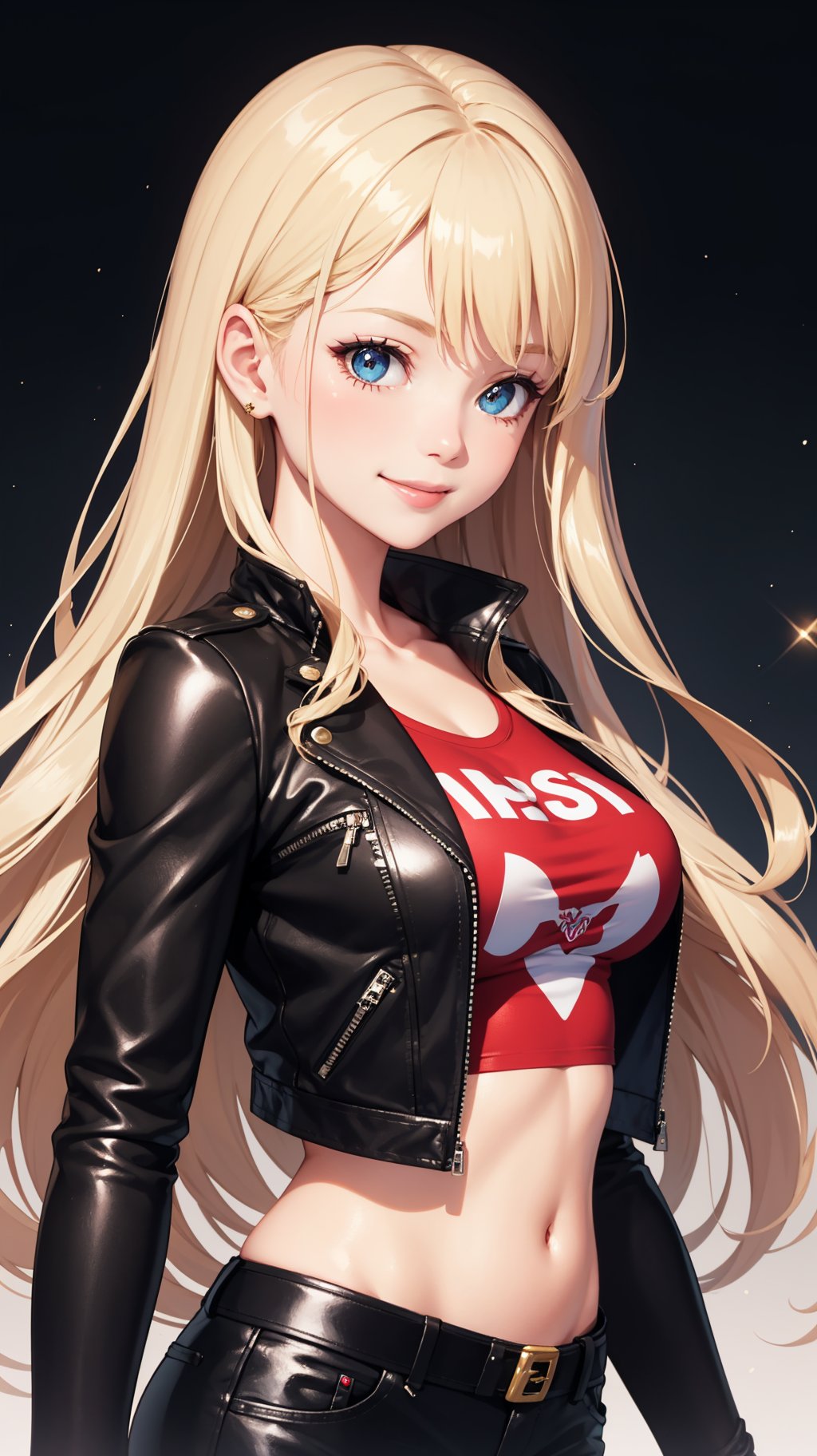 (masterpiece, best quality), 1girl, large breasts, long hair, blonde hair,  Sequin pants, rocker tee, leather jacket, upper body, smile