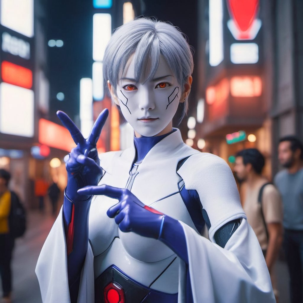 ultra highly intricate detailed 8k, UHD, professional photo, photograph, broad lighting, Nikon d850, (world's most beautiful woman ayanami rei in evangelion:1.2) , wearing Goddess robe, Pointing at you, Sony A7, Depth of field 100mm, compact camera, street fashion model, cyberpunk 2077, new york street, natural light<lora:add-detail-xl:1> <lora:dalle-000007:0.79>