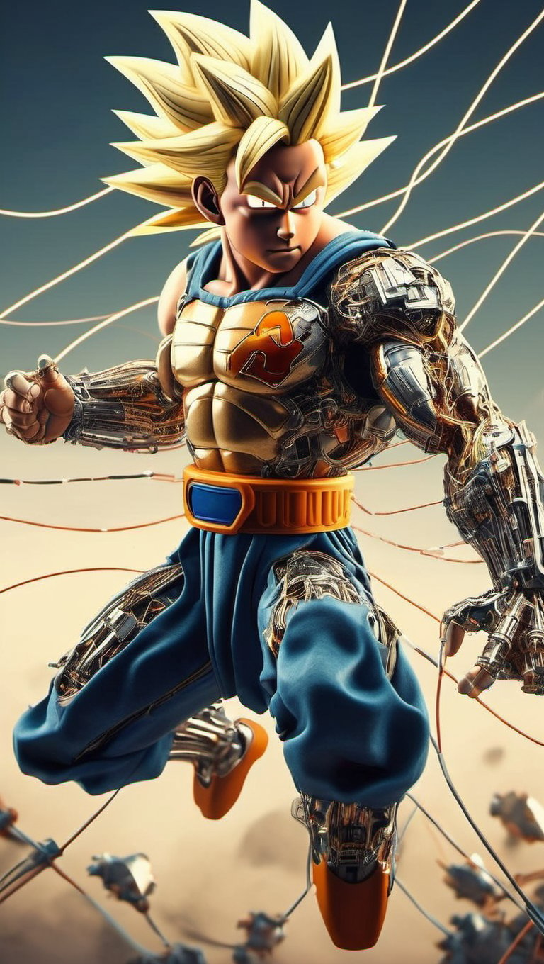 3D Artwork, (an epic portrait of Goku with blonde Super Saiyan hair), looking over shoulder, (porcelain cybernetic mechanical wires:1.3), laser eyes, (mechanical vertebra and back, wires and cables:1.5), mechanical body, cyborg mecha, Futuristic, highly detailed<lora:add-detail-xl:1>  <lora:dalle-000007:0.79>