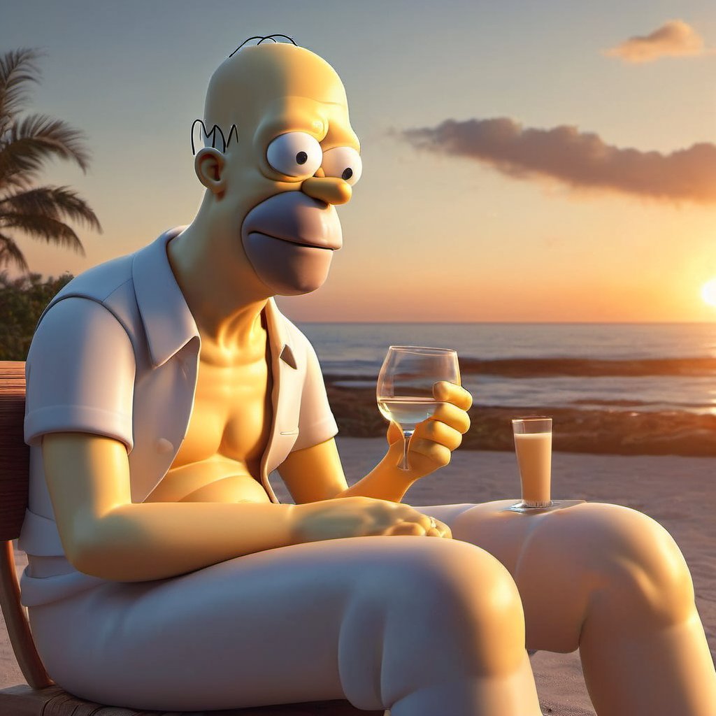 [art by Roxy Paine| (art by Magali Villeneuve:1.2) ], 8k Vector Art, Modernism Art, epic portrait of homer, Cook, Crossed legs, Sunglasses, Pocket Square, at Sunset, split diopter, Ultra Real, hard light, <lora:dalle-000007:0.79>