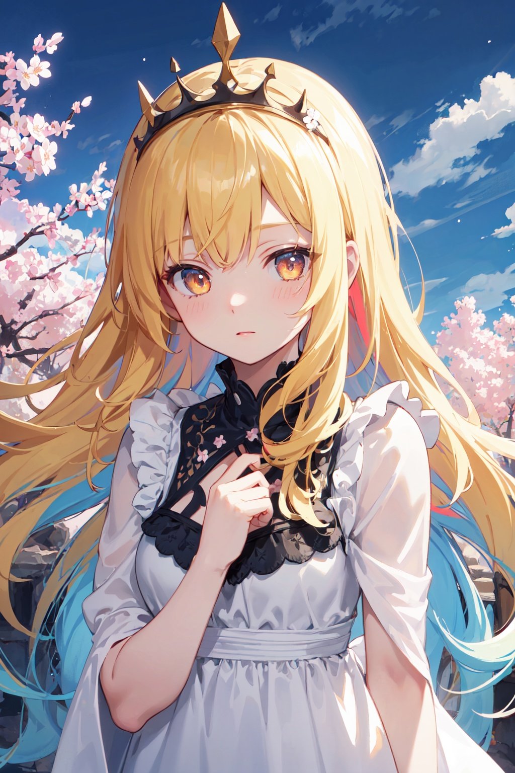 masterpiece, best quality, extremely detailed CG unity 8k wallpaper,game_cg, artbook, wallpaper, (colorful:1.5),1girl, solo, black luminous eyes, perfect female body, Long hair, Yellow hair, nightgown, seductive expression, tiara, upper body,simple background, lily \(flower\), cherry blossom, blue sky, cloudy sky,