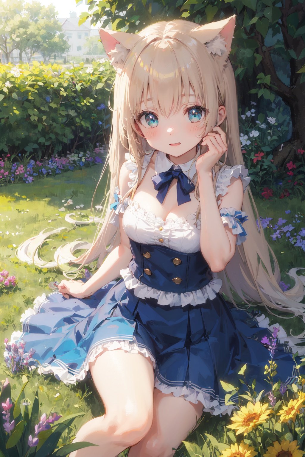 masterpiece,best quality, kawaii background, extremely detailed fine touch, highres, wallpaper, ray tracing, sunlight, ///,solo, 1girl, perfect female body, breasts, (cleavage:0.8), cat ears, animal ear fluff, Bronze hair, Absurdly long hair, luminous eyes, bangs, light blush, delighted,aqua skirt,  (portrait:1.2), face focus,outdoors, pine tree, lavender \(flower\), clover, lawn, garden,