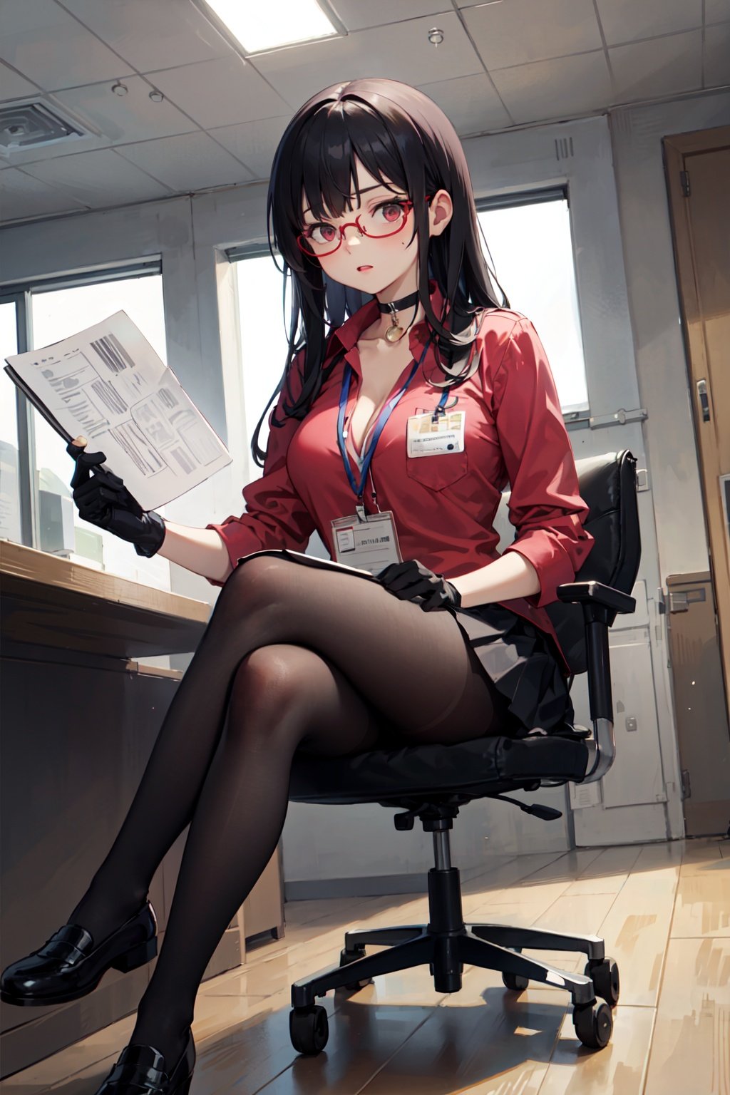 best quality, masterpiece,1girl,solo,gloves,long hair,glasses,black hair,breasts,choker,shirt,id card,pantyhose,black gloves,large breasts,black choker,red shirt,crossed legs,under-rim eyewear,clipboard,long sleeves,red-framed eyewear,cleavage,bangs,lanyard,mole,collared shirt,brown pantyhose,pink eyes,skirt,pocket,red office uniform,(full body, sitting:1.1),