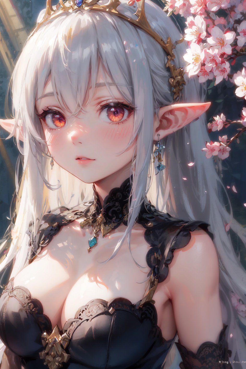 Masterpiece, best quality, ultra-detailed, color full, God rays, ray tracing, beautiful detail eyes, extremely detailed, highres, best quality, an extremely detailed and delicate, 8k cg wallpaper,(elf girl), face focus, red luminous eyes, (portrait:0.9), tiara, seductive expression, medium breasts, cleavage, jewelry, long hair, pointy ears, black dress, cherry blossoms,<lora:add_detail:0.3>