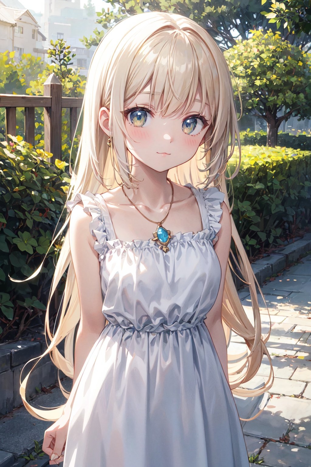 masterpiece,best quality,kawaii background, extremely detailed fine touch,extremely detailed CG unity 8k wallpaper, highres, wallpaper, ray tracing, (sunlight:1.2),solo, female child, solo, luminous eyes, perfect female body, gem necklace, bangs, :3, arm behind back,tube dress, Very long hair, Bronze hair,upper body, breasts focus, perspective,outdoors, pine tree, lily \(flower\), clover, lawn, park,<lora:add_detail:0.6>