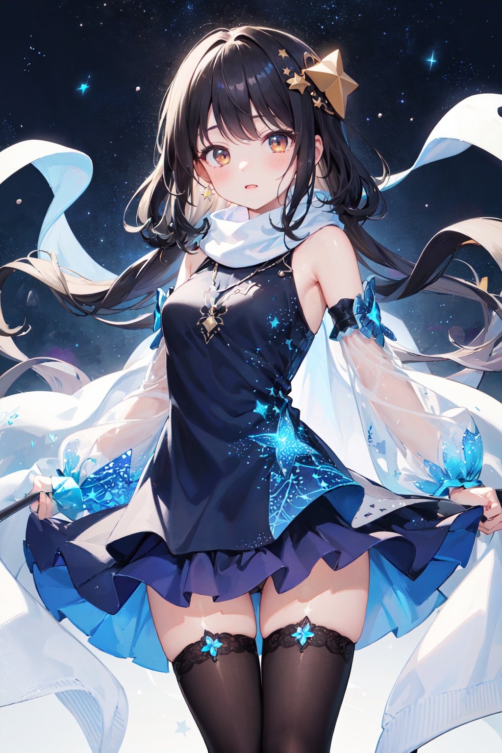 (pixiv masterpiece),best quality,1girl,cute,kawaii,1girl,black hair,long hair,brown eyes,star glint hair ornament,medium breasts,bare shoulders,detached sleeves,shiny blue and purple starry print dress,layered dress,starry background,void space,glints,floating light particles,cowboy shot,thighs,leg,sweater,translucent coat,legwear,see-through legwear,scarf,