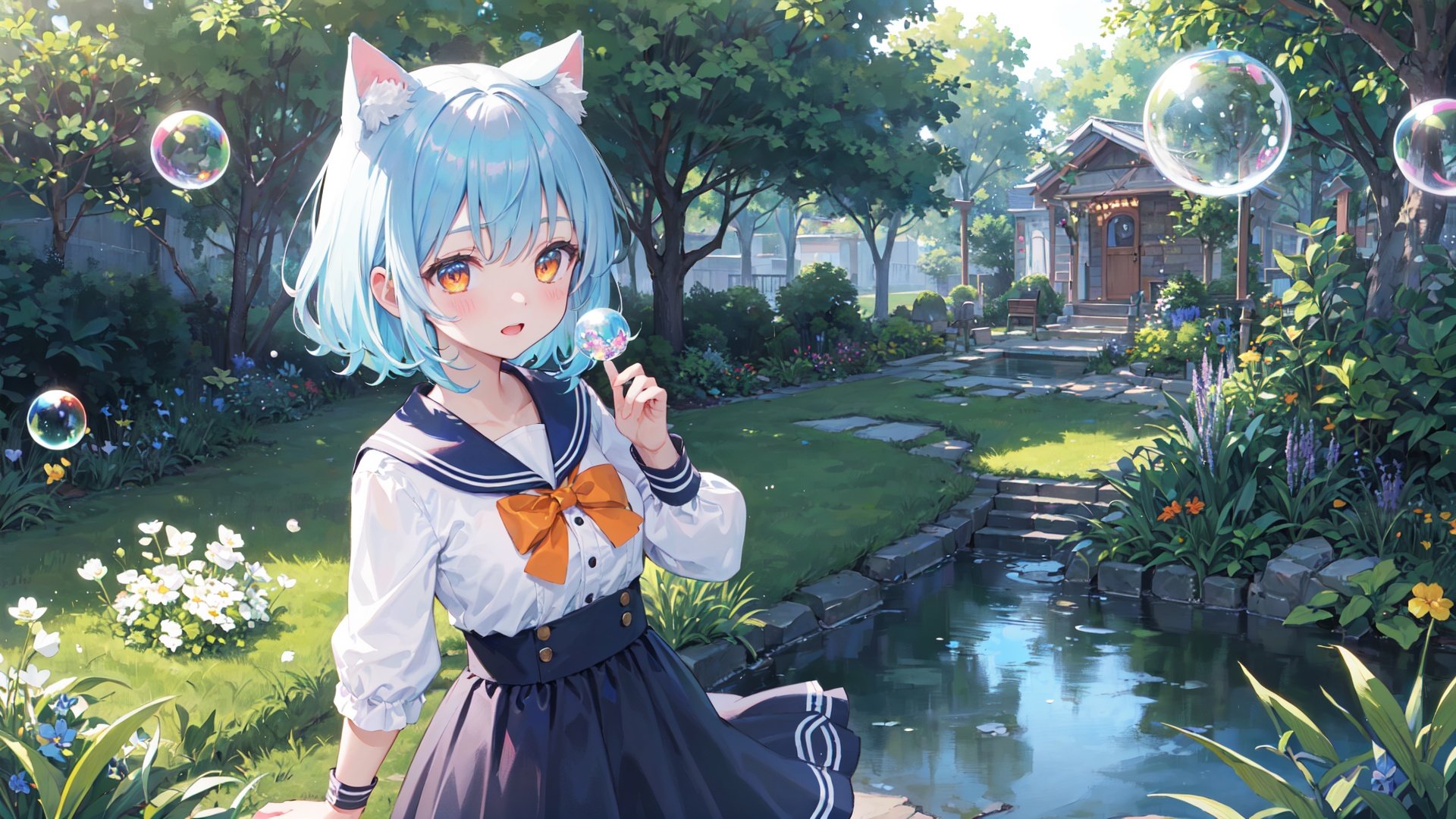 masterpiece,best quality, fantasy illustration, kawaii background, extremely detailed fine touch, highres, wallpaper, ray tracing, sunlight,solo, 1girl, loli, perfect female body, breasts, (cleavage:0.8), cat ears, animal ear fluff, light blue hair, wavy hair, orange eyes, bangs, light blush, delighted,sailor dress, cowboy shot,(super wide shot,:1.1),((colorful bubble)),(floating),detailed light,outdoors, pine tree, lavender \(flower\), clover, lawn, garden,