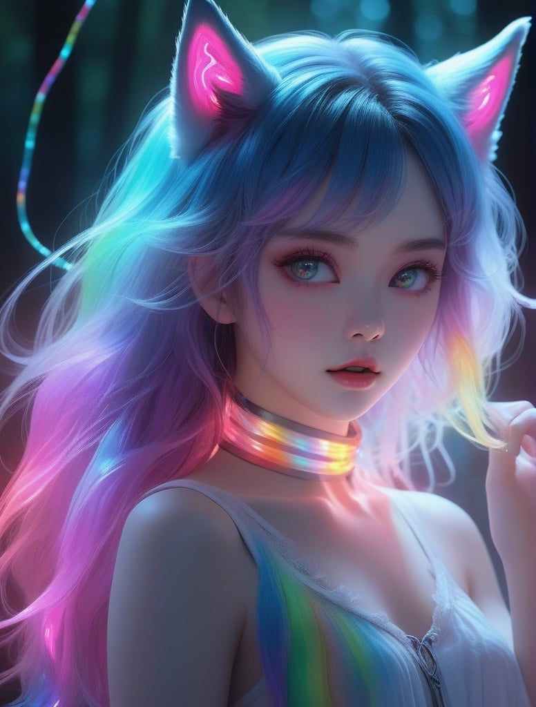 masterpiece, best quality, ultra high res, highly detailed, (psychedelic art:1.4), (woman, demon:1.3), (floating in dark mist:1.1), furry girl, anime furry women, ((best quality)), ((masterpiece)), ((realistic)), (detailed), portrait, close up, young female, RAW photo, uhd, dslr, rainbow hair, high quality, realistic, photo realistic, dreamlikeart, lens flare, upper body, looking at viewer, animal focus, furry, wolf fursuit, 1girl, cute, kawaii, lovely, fur, fur head, wolf head, narrow waist, wolf ears, black chocker, blush, paw, paw shoes, rainbow clothes, stunning gradient colors, no watermark signature, detailed background, woods, small lake with island, insanely detailed, visually stunning, wicked, hypnotic, alluring, cowboy shot, intricate, perferct shading, veil, beautiful, award-winning illustration, cosmic space background, ethereal atmosphere, ultra quality, beautiful girl, cosmical concept, rainbow strings, rainbow skin, rainbow bloody veins growing and intertwining out of the darkness, nailed wire, oozing thick blue blood, sharp neon, veins growing and pumping blood, vascular networks growing, green veins everywhere, yin and yang, glowing space, glowing stars, infinity symbol, dynamic pose, flying pose, glowing body, (rainbow aura:1.1), beautiful angel, clockwork, lightning, majestic, breathtaking