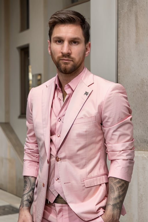 m3ss1, male focus, facial hair, beard, upper body, wearing pink suit, arm tattoo, tattoo, looking at viewer,, <lora:m3ss1-04:0.8>