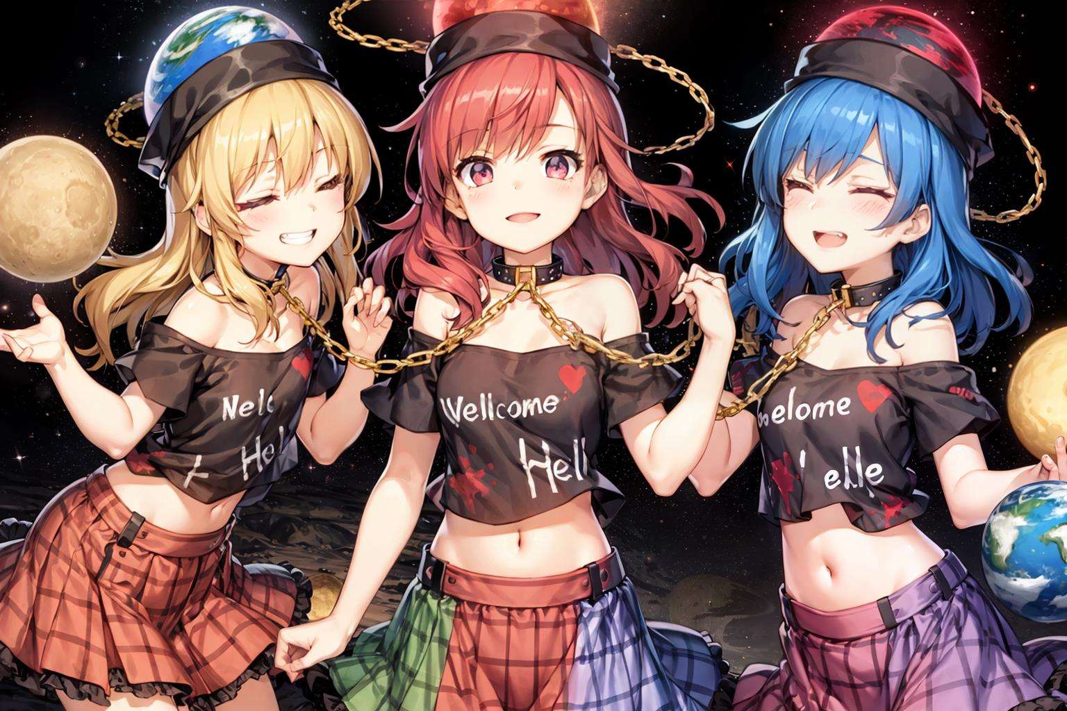 masterpiece, best quality, <lora:HecatiaLapislazuli:1>,smile, shirt, 3girls, blue eyes, red eyes, red hair, blue hair, collar, one eye closed, blonde hair, polos crown, skirt, chain, multiple girls, clothes writing, open mouth, closed eyes, multiple persona, multicolored clothes, looking at viewer, off shoulder, planet, earth (planet), earth (ornament), hat, bare shoulders, navel, off-shoulder shirt, t-shirt, blush, moon (ornament), grin, long hair, multicolored skirt, collarbone, midriff, moon, space, black shirt