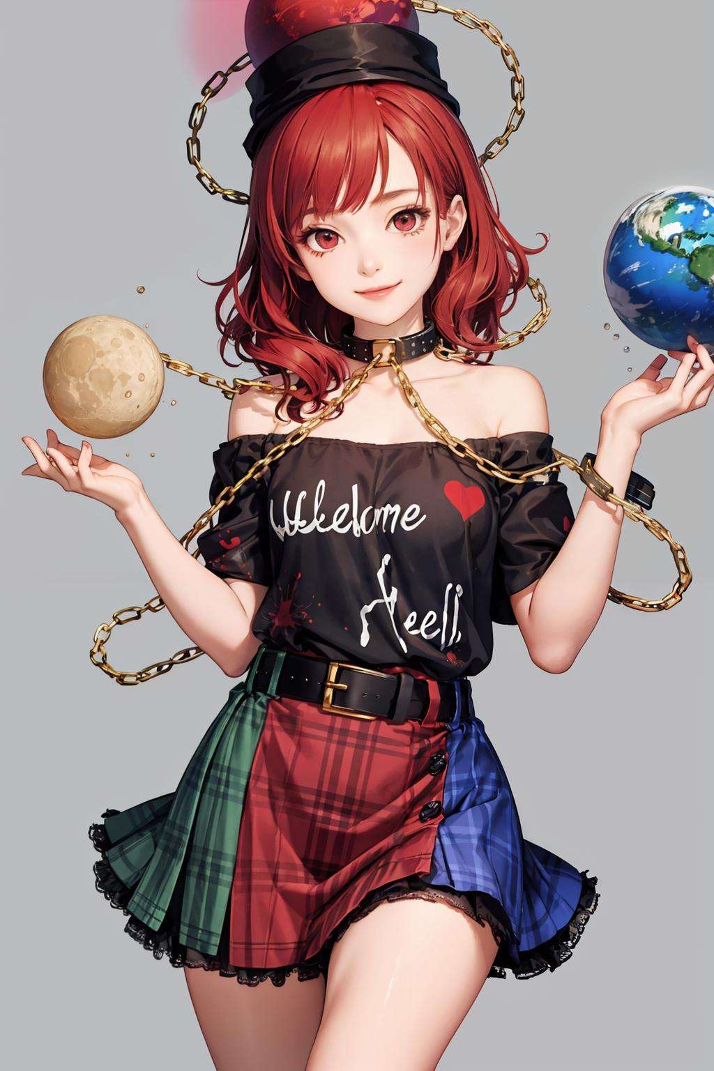 masterpiece, best quality, <lora:HecatiaLapislazuli:1>,1girl,polos crown,red hair,short hair,red eyes,chain,collar,off shoulder shirt,clothes writing,belt,multicolored skirt,plaid skirt,miniskirt, moon (ornament), earth (ornament),grey background, smile