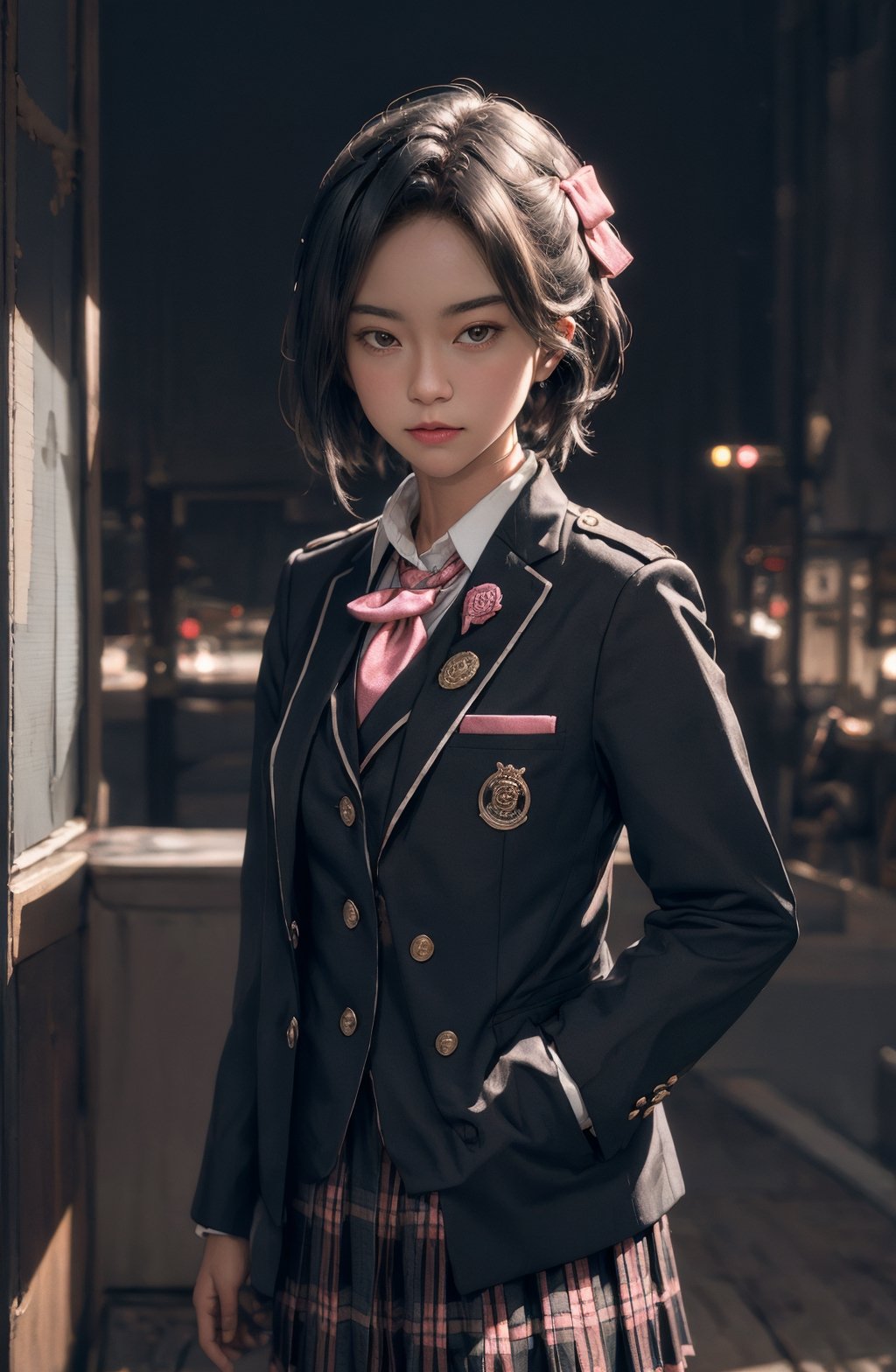 (exquisitely detailed CG unity 8k wallpaper, masterpiece-quality with stunning realism), (best illumination, best shadow), (best quality), 1girl, solo, short hair, in a white studio photography, badge, blazer, buttons, jacket, necktie,plaid, plaid_pants, plaid_skirt, school_uniform, shirt, skirt, long_sleeves, pleated_skirt, checkered_skirt, bow, pink_neckwear, white_shirt, pink_bow, plaid_bow, plaid_dress, plaid_jacket, plaid_necktie, plaid_neckwear, plaid_ribbon, shuujin_academy_uniform, colorful, kawaii, surrounded by an ominous and dark atmosphere, accentuated by dramatic and striking lighting, imbued with a sense of surreal fantasy, fr3y4, ProduceSei