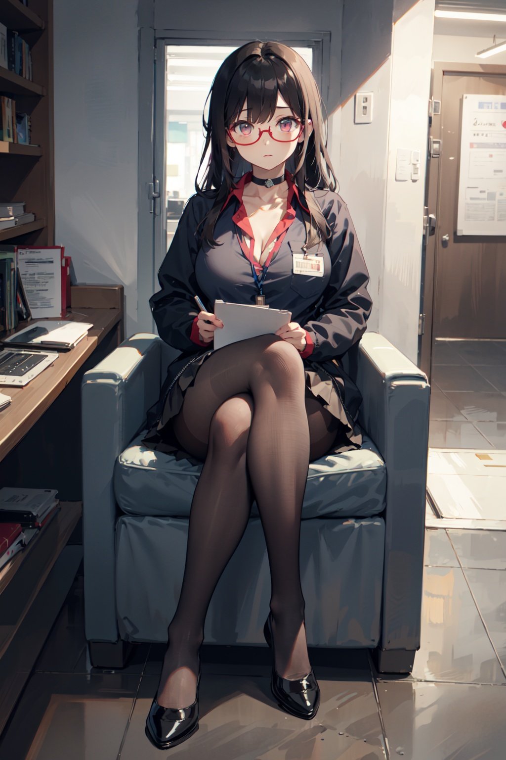 best quality, masterpiece,1girl,solo,long hair,glasses,black hair,breasts,choker,shirt,id card,pantyhose,black gloves,large breasts,black choker,red shirt,crossed legs,under-rim eyewear,clipboard,long sleeves,red-framed eyewear,cleavage,bangs,lanyard,mole,collared shirt,brown pantyhose,pink eyes,skirt,pocket,red office uniform,(full body, sitting:1.1),