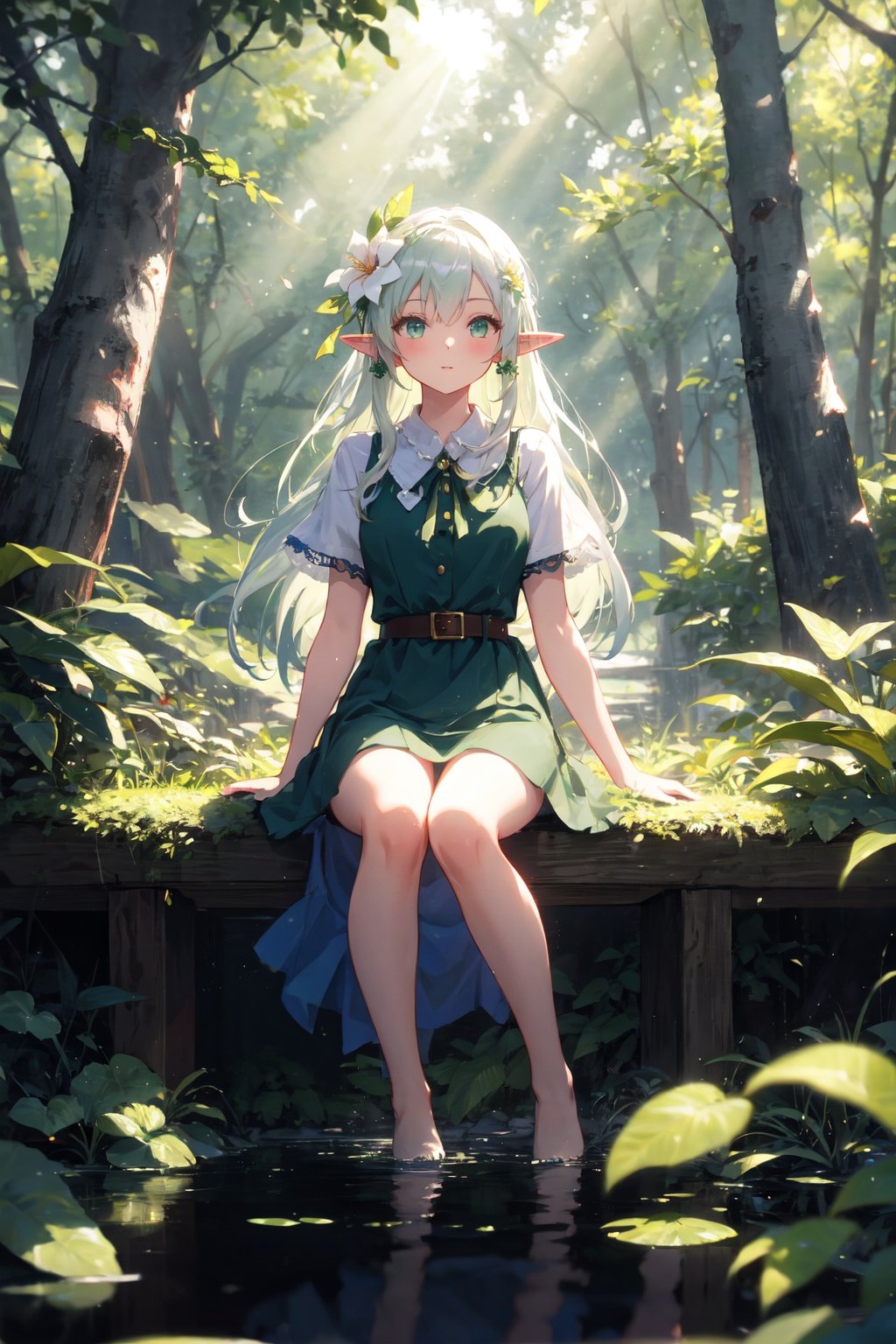 masterpiece,best quality,(ray tracing, reflection light),sunlight,solo, 1girl, full body, sitting, looking at viewer, elf girl, long hair, green hair, [green|blue] eyes, dress, white hair flower, hair ornament, wind, leaf, tree, forest