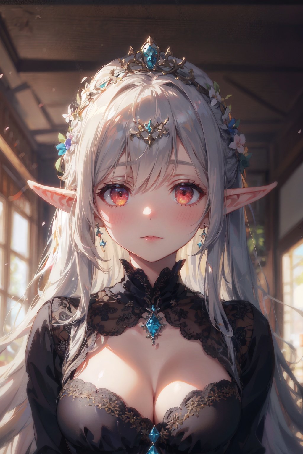 Masterpiece, best quality, ultra-detailed, color full, God rays, ray tracing, beautiful detail eyes, extremely detailed, highres, best quality, an extremely detailed and delicate, 8k cg wallpaper,(elf girl), face focus, red luminous eyes, (portrait:0.9), tiara, seductive expression, medium breasts, cleavage, jewelry, long hair, pointy ears, black dress, cherry blossoms,<lora:add_detail:0.3>