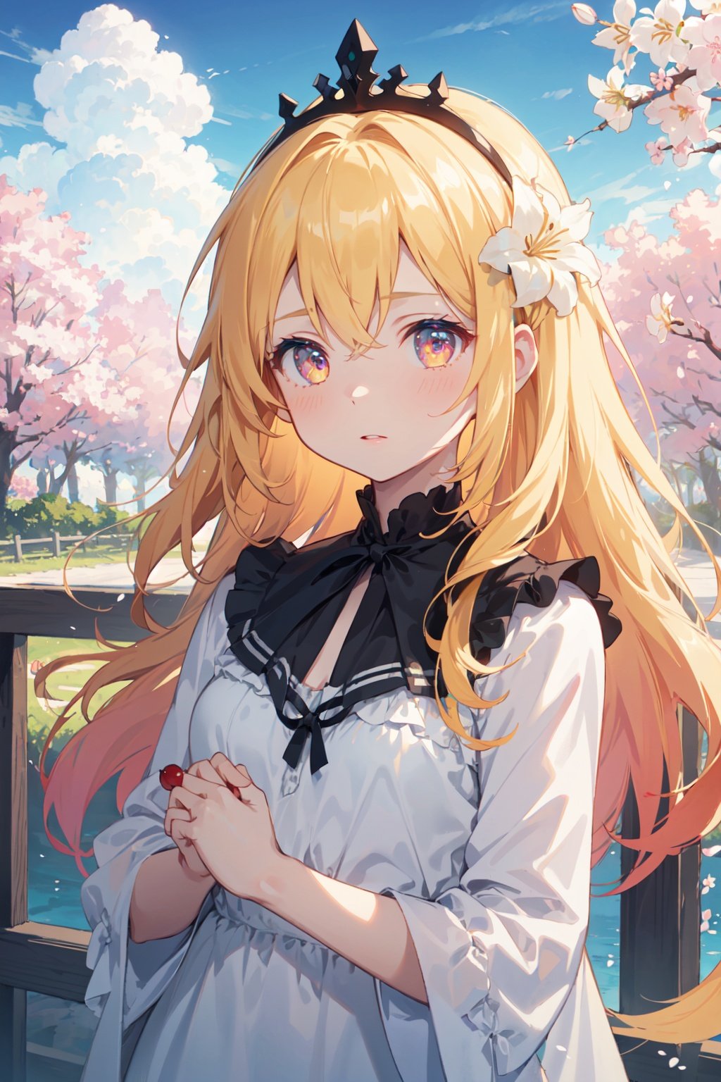 masterpiece, best quality, extremely detailed CG unity 8k wallpaper,game_cg, artbook, wallpaper, (colorful:1.5),1girl, solo, black luminous eyes, perfect female body, Long hair, Yellow hair, nightgown, seductive expression, tiara, upper body,simple background, lily \(flower\), cherry blossom, blue sky, cloudy sky,