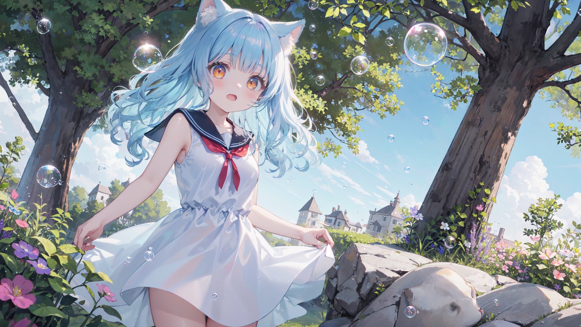 masterpiece,best quality, fantasy illustration, kawaii background, extremely detailed fine touch, highres, wallpaper, ray tracing, sunlight,solo, 1girl, loli, perfect female body, breasts, (cleavage:0.8), cat ears, animal ear fluff, light blue hair, wavy hair, orange eyes, bangs, light blush, delighted,sailor dress, cowboy shot,(super wide shot,:1.1),((colorful bubble)),(floating),detailed light,outdoors, pine tree, lavender \(flower\), clover, lawn, garden,