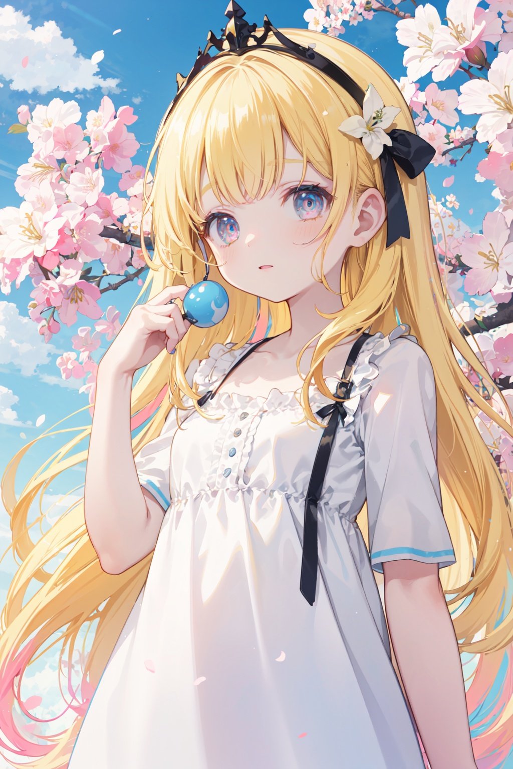 masterpiece, best quality, extremely detailed CG unity 8k wallpaper,game_cg, artbook, wallpaper, (colorful:1.5),1girl, solo, black luminous eyes, perfect female body, Long hair, Yellow hair, nightgown, seductive expression, tiara, upper body,simple background, lily \(flower\), cherry blossom, blue sky, cloudy sky,