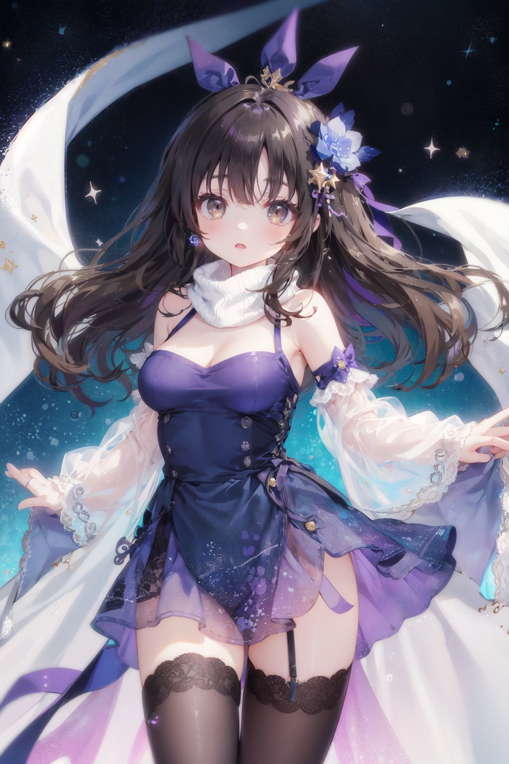 (pixiv masterpiece),best quality,1girl,cute,kawaii,1girl,black hair,long hair,brown eyes,star glint hair ornament,medium breasts,bare shoulders,detached sleeves,shiny blue and purple starry print dress,layered dress,starry background,void space,glints,floating light particles,cowboy shot,thighs,leg,sweater,translucent coat,legwear,see-through legwear,scarf,