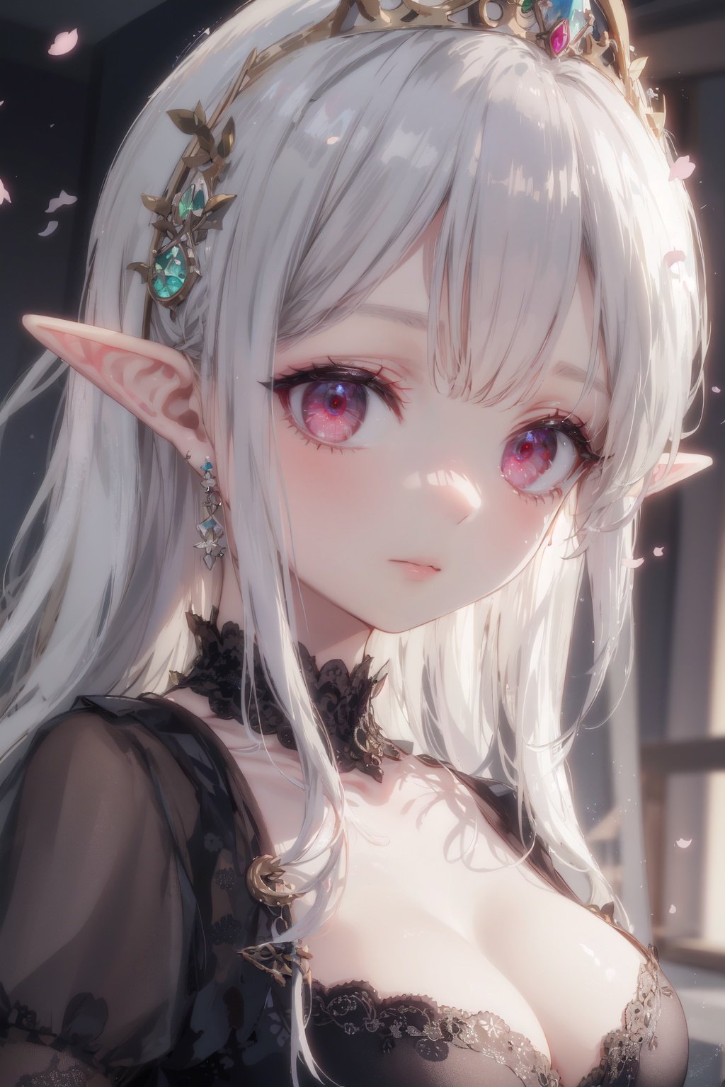 Masterpiece, best quality, ultra-detailed, color full, God rays, ray tracing, beautiful detail eyes, extremely detailed, highres, best quality, an extremely detailed and delicate, 8k cg wallpaper,(elf girl), face focus, red luminous eyes, (portrait:0.9), tiara, seductive expression, medium breasts, cleavage, jewelry, long hair, pointy ears, black dress, cherry blossoms,<lora:add_detail:0.3>