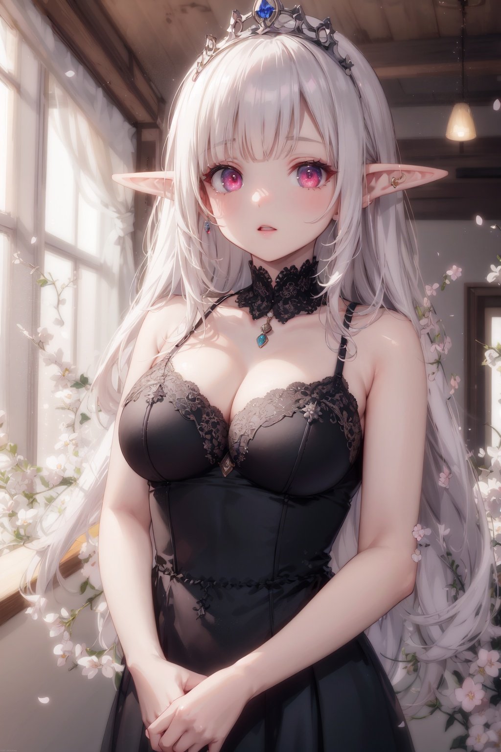 Masterpiece, best quality, ultra-detailed, color full, God rays, ray tracing, beautiful detail eyes, extremely detailed, highres, best quality, an extremely detailed and delicate, 8k cg wallpaper,(elf girl), face focus, red luminous eyes, (portrait:0.9), tiara, seductive expression, medium breasts, cleavage, jewelry, long hair, pointy ears, black dress, cherry blossoms,<lora:add_detail:0.3>