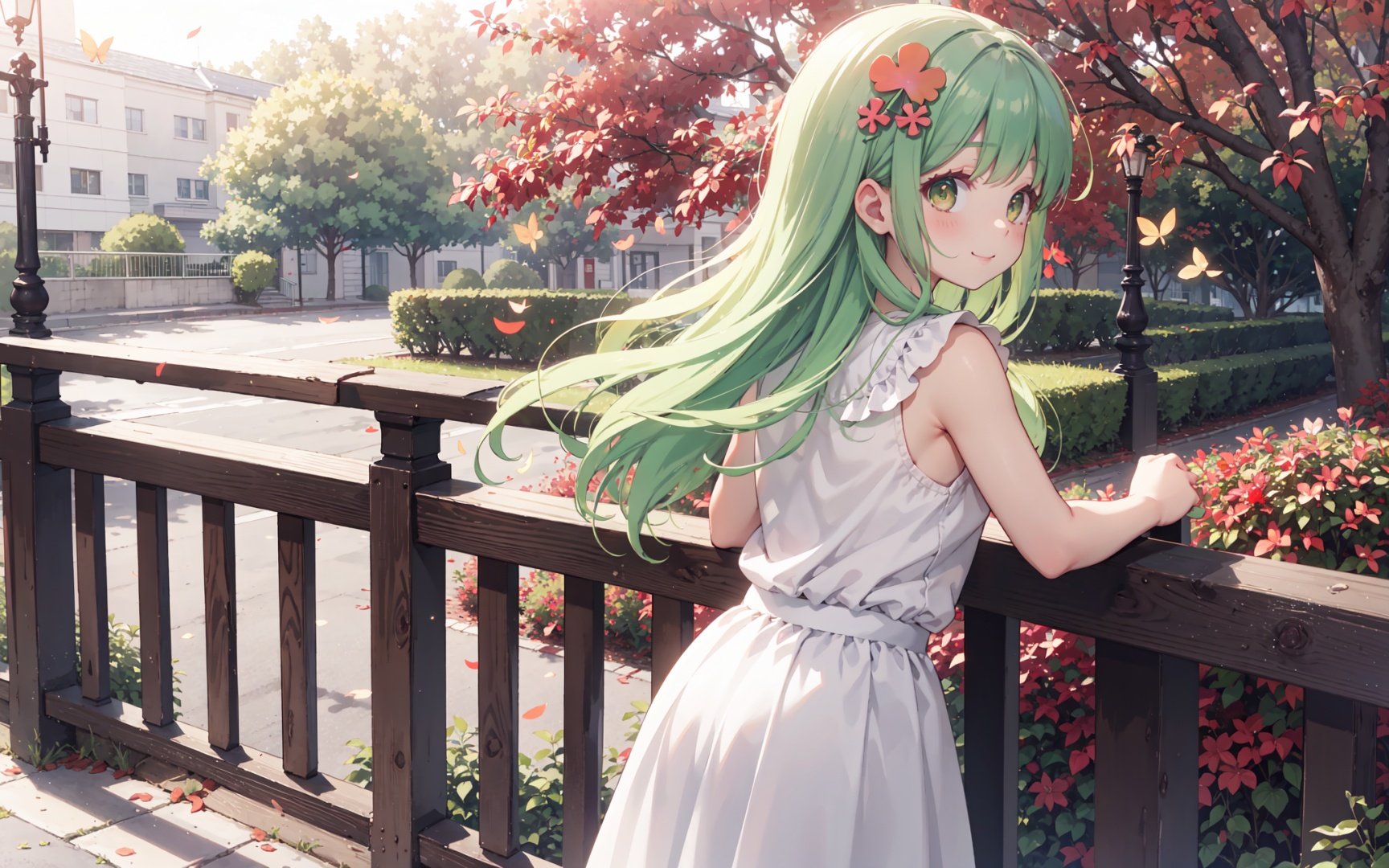 masterpiece, best quality, sunlight,red leaves fluttering,from behind,white skirt solo,leaning against the railing,a sweet smile,pixiv masterpiece,1girl,cute,kawaii,small breasts,green hair,orange eyes,clover hair ornament,long hair,disheveled hair,messy hair,