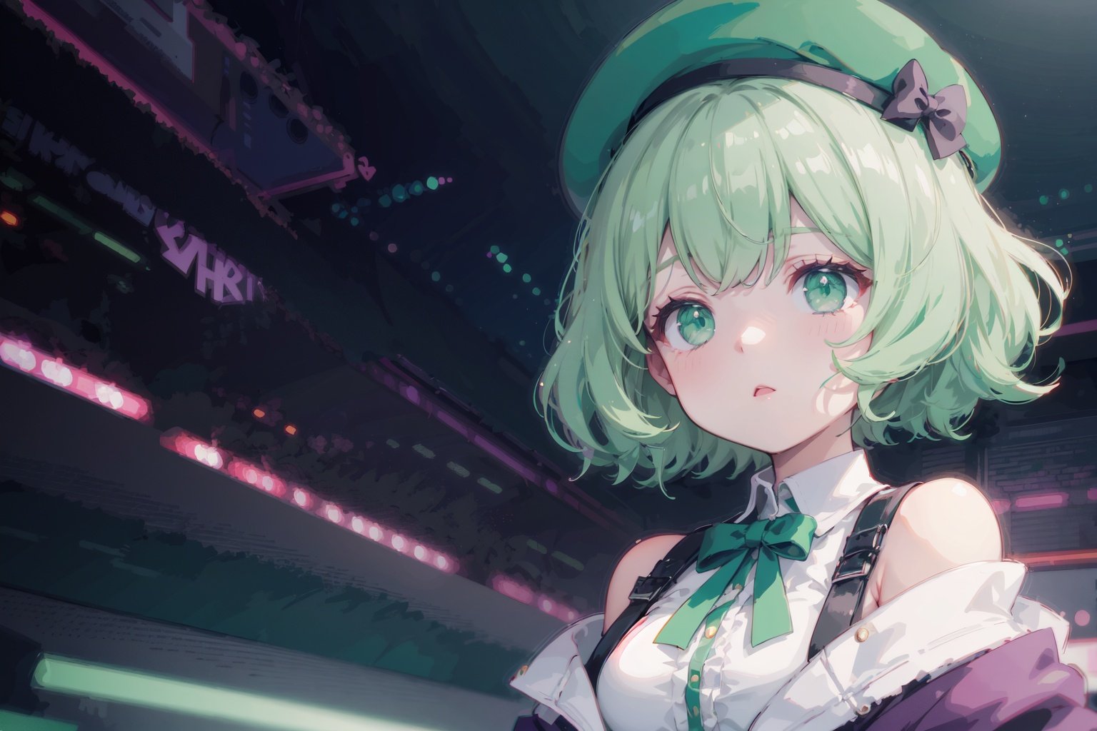 masterpiece, best quality, extremely detailed CG unity 8k wallpaper,game_cg, artbook, wallpaper, colorful,1girl, beret, bowknot on beret, wearing an off- shoulder floating jacket,  wavy delicate hair, delicate face, bare shoulder, sitting on the top of the building,   beautiful and delicate eyes, solo, big breasts, delicate background, streets with neon lights,wide shot,green fluorescent paint, noline art, silhouette, partially colored, (alternate color), (green and dark violet), dark violet shadow, (synth wave), (chromatic aberration), (((thick) outline)), green outline, green neon lights, perfect shadow,