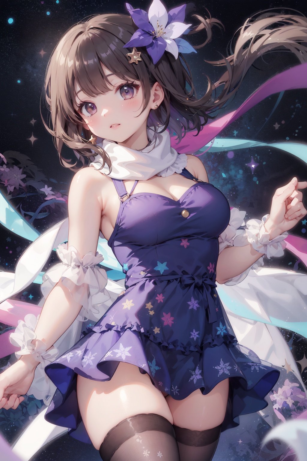 (pixiv masterpiece),best quality,1girl,cute,kawaii,1girl,black hair,long hair,brown eyes,star glint hair ornament,medium breasts,bare shoulders,detached sleeves,shiny blue and purple starry print dress,layered dress,starry background,void space,glints,floating light particles,cowboy shot,thighs,leg,sweater,translucent coat,legwear,see-through legwear,scarf,