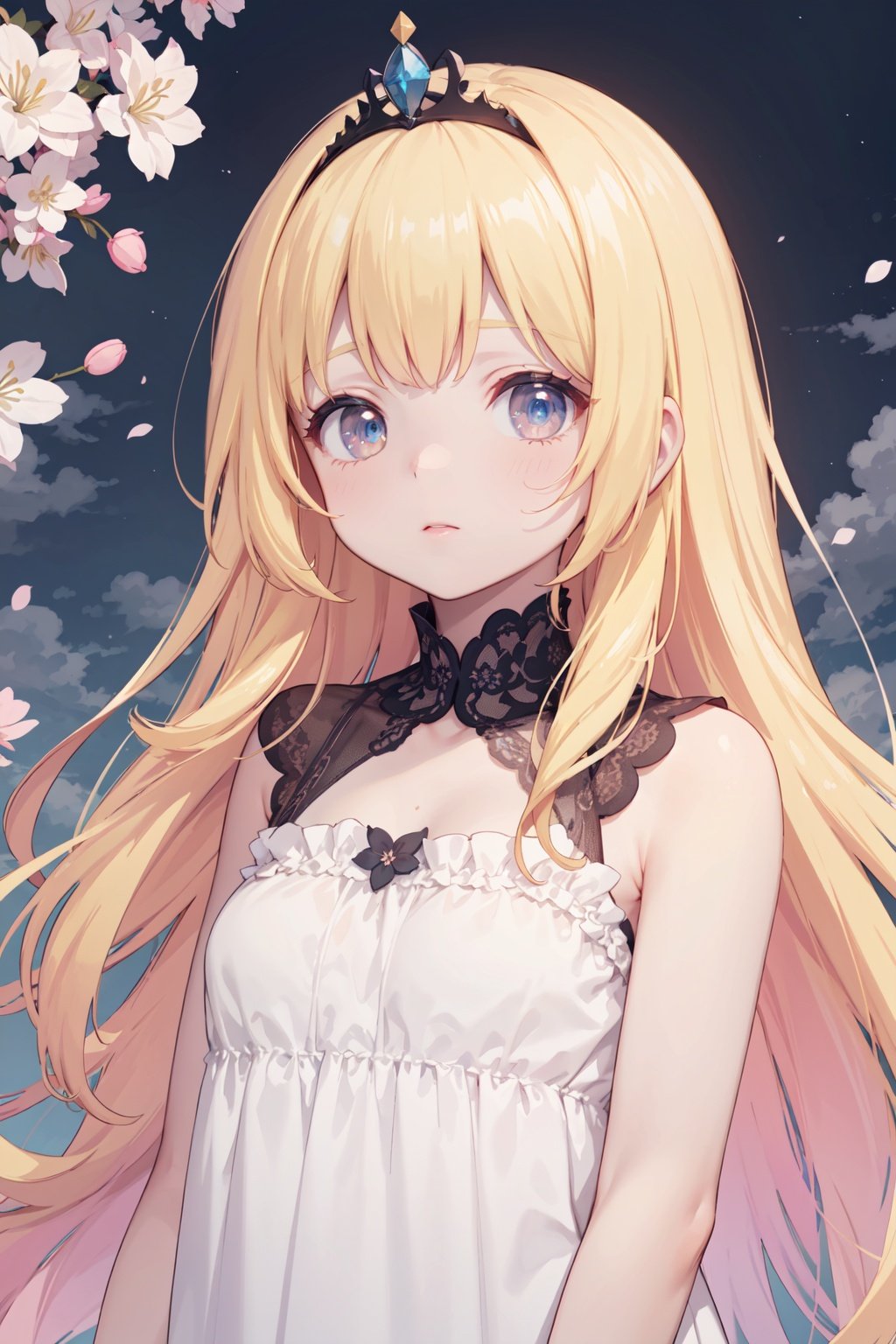 masterpiece, best quality, extremely detailed CG unity 8k wallpaper,game_cg, artbook, wallpaper, (colorful:1.5),1girl, solo, black luminous eyes, perfect female body, Long hair, Yellow hair, nightgown, seductive expression, tiara, upper body,simple background, lily \(flower\), cherry blossom, blue sky, cloudy sky,