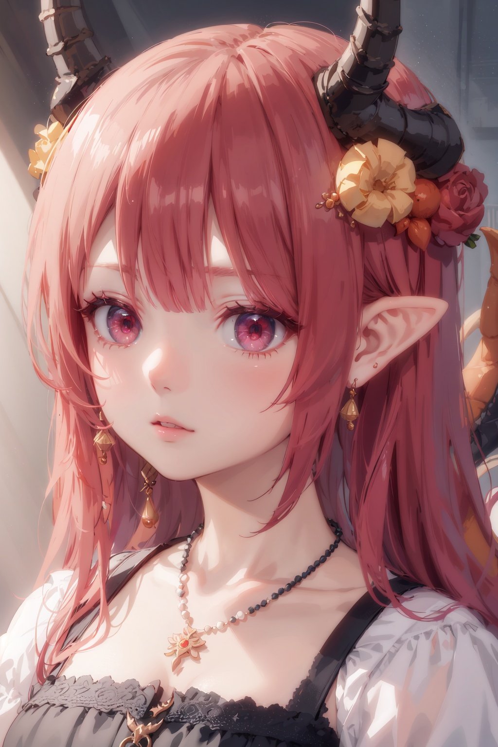 Masterpiece, best quality, ultra-detailed, color full, God rays, ray tracing, beautiful detail eyes, extremely detailed, highres, best quality, an extremely detailed and delicate, 8k cg wallpaper,(Dragon girl), Dragon tail, Dragon Wings, Dragon horns, red eyes,(portrait:1.3),hair ornament, jewelry, crescent hair ornament, carrot hair ornament, hair beads, necklace, bow,long hair, pointy ears,dress,