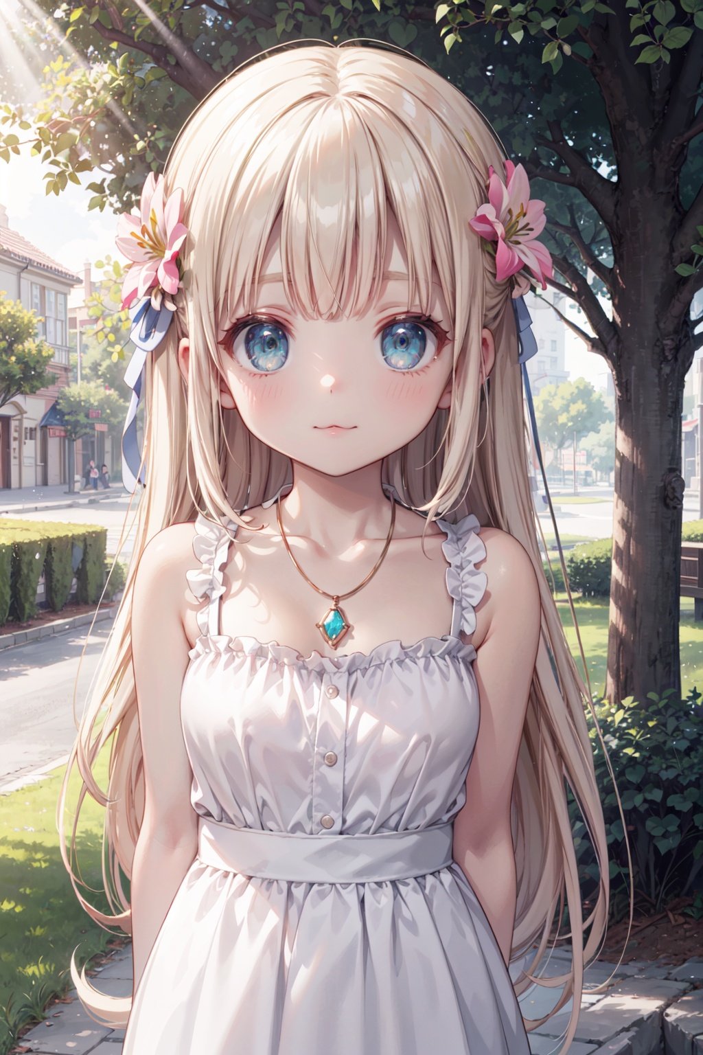 masterpiece,best quality,kawaii background, extremely detailed fine touch,extremely detailed CG unity 8k wallpaper, highres, wallpaper, ray tracing, (sunlight:1.2),solo, female child, solo, luminous eyes, perfect female body, gem necklace, bangs, :3, arm behind back,tube dress, Very long hair, Bronze hair,upper body, breasts focus, perspective,outdoors, pine tree, lily \(flower\), clover, lawn, park,<lora:add_detail:0.6>