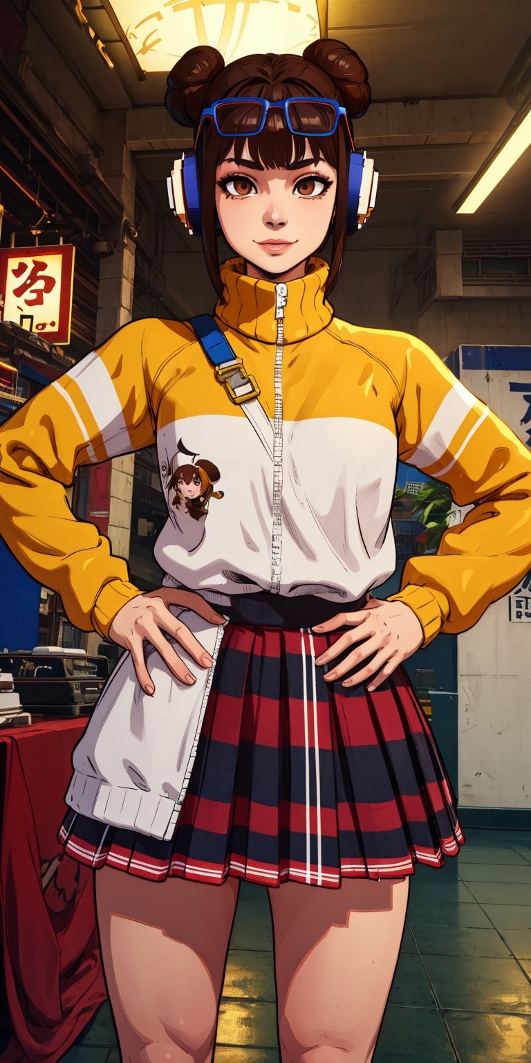 lifen, single hair bun, brown hair, brown eyes,  hands on hips, 
eyewear on head,  headphones,  wyellow and white jacket, long sleeves,  kneehighs,  shorts under skirt, 
chinatown, arcade,  indoors,  solo, 
standing, upper body,  smile, 
(insanely detailed, beautiful detailed face,, masterpiece, best quality) cinematic lighting, 