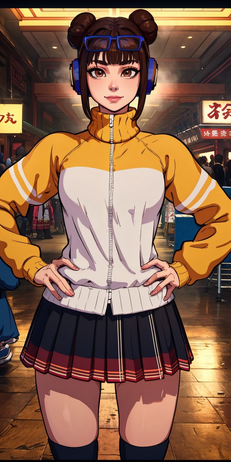 lifen, single hair bun, brown hair, brown eyes,  hands on hips, 
eyewear on head,  headphones,  wyellow and white jacket, long sleeves,  kneehighs,  shorts under skirt, 
chinatown, arcade,  indoors,  solo, 
standing, upper body,  smile, 
(insanely detailed, beautiful detailed face,, masterpiece, best quality) cinematic lighting, 