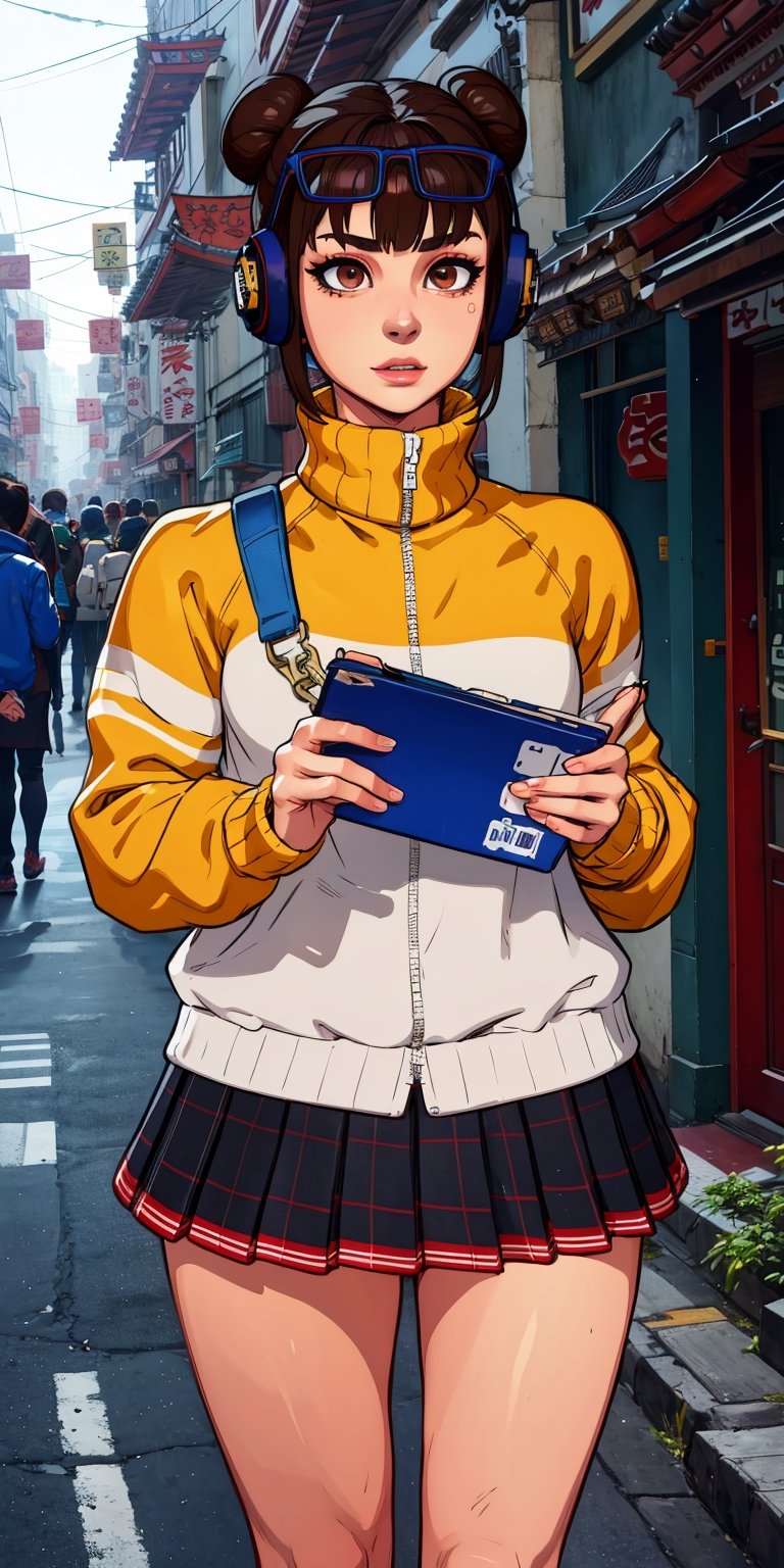 lifen, single hair bun, brown hair, brown eyes, 
eyewear on head,  headphones,  wyellow and white jacket, long sleeves,  kneehighs,  shorts under skirt, 
chinatown, morning, solo, 
standing, upper body, 
(insanely detailed, beautiful detailed face,, masterpiece, best quality) cinematic lighting, 