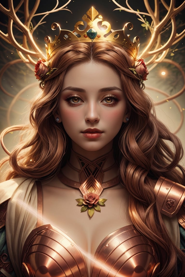 ultra detailed druid goddess with a crown made out of pure light, kind-hearted with a penetrating gaze, golden glow, extremely detailed and beautiful face, gorgeous body, soft copper-colored hair, she wears druid armor, ethereal, magical glow, fantasy art by Mschiffer, ultra sharp focus, ethereal glowy smoke, light particles, roses and vines, brambles
,leonardo,style 