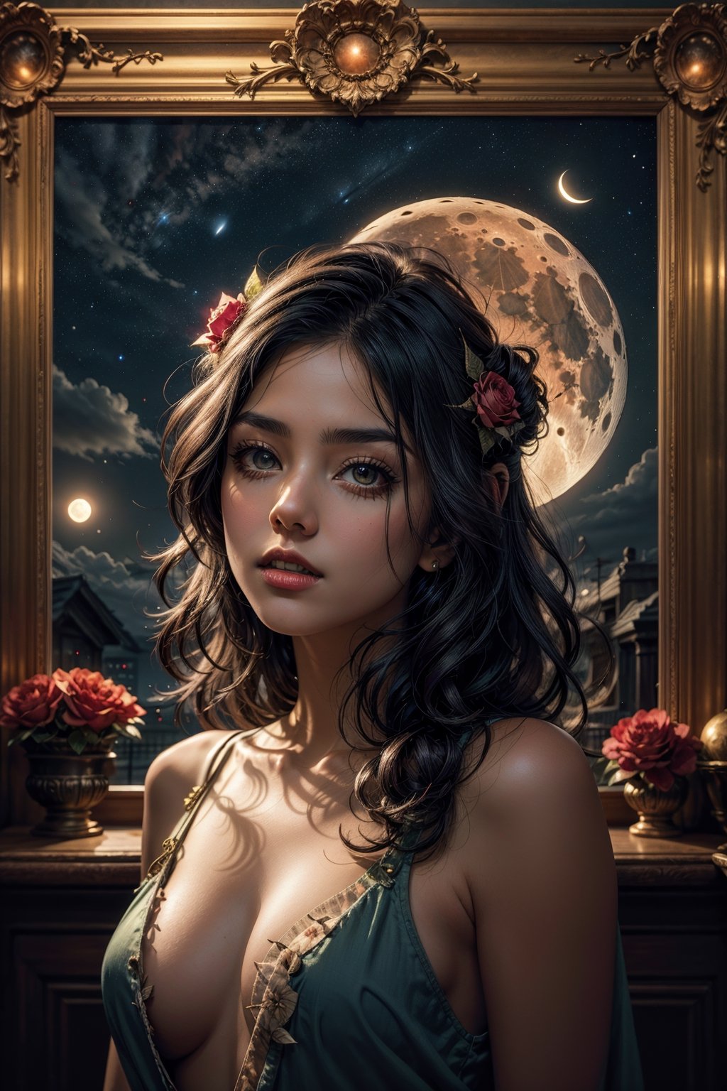 neon light art, An eye-shaped frame in the middle of the picture, inside the frame is a zombie girl, and around the frame there is a bunch of thorns., clouds, moon, stars, colorful, detailed, 4k,