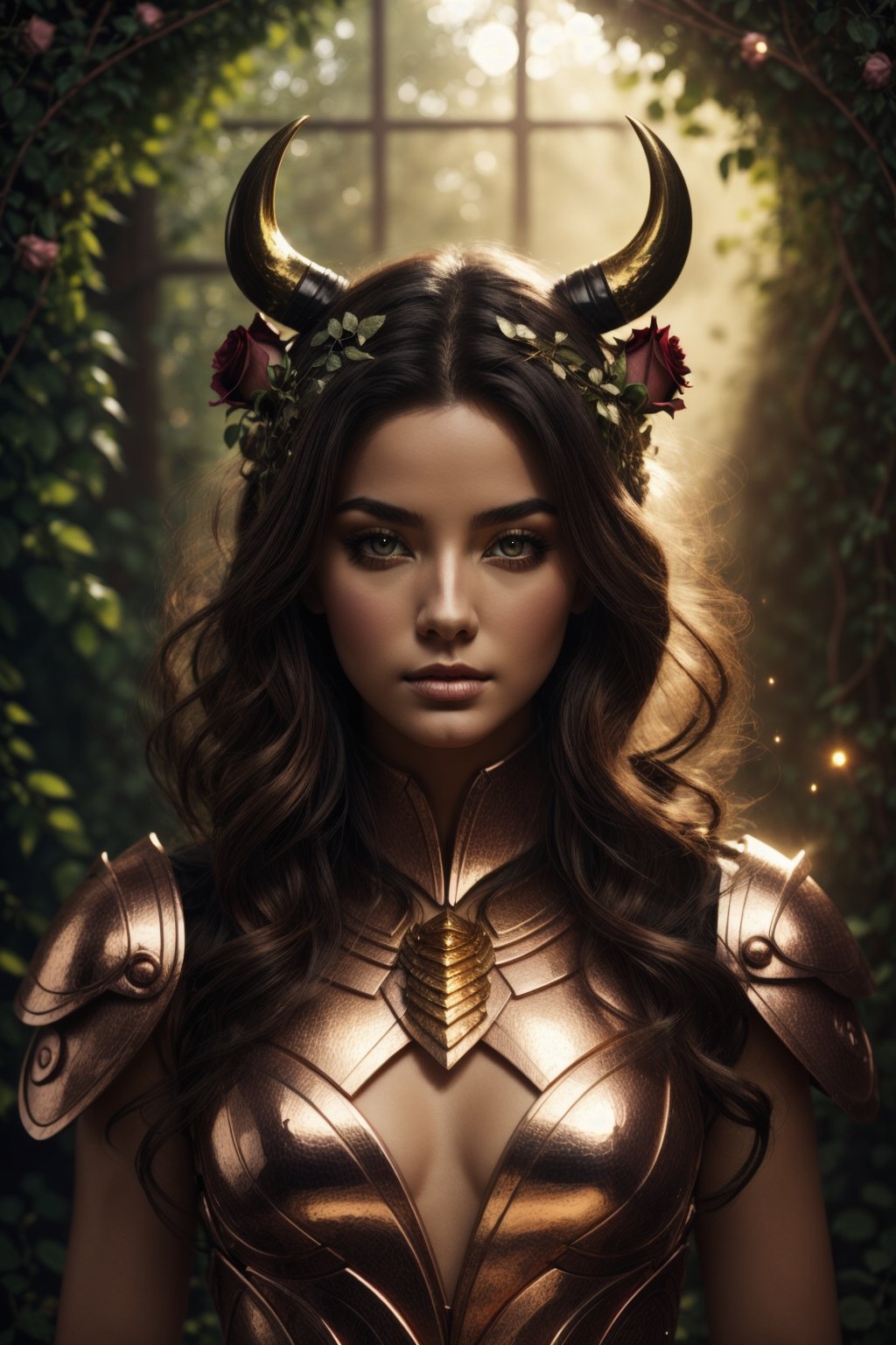 mythical animal half bull half bee, kind-hearted with a penetrating gaze, golden glow, extremely detailed and beautiful face, gorgeous body, soft copper-colored hair, she wears druid armor, ethereal, magical glow, fantasy art by Mschiffer, ultra sharp focus, ethereal glowy smoke, light particles, roses and vines, brambles

