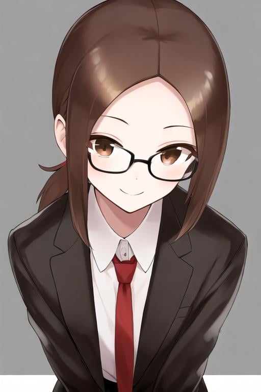 <lora:exTakagi:0.7> masterpiece, best quality, 1girl, solo, medium hair, looking at viewer, smile, brown hair, ponytail, brown eyes, sidelocks, parted bangs, forehead, collared shirt, black jacket, red necktie, black skirt, glasses, 