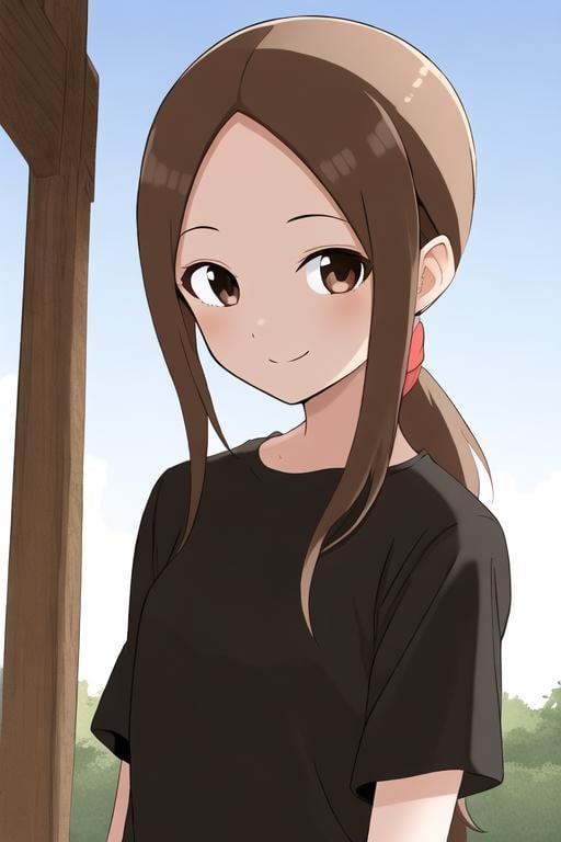 <lora:exTakagi:0.7> masterpiece, best quality, 1girl, solo, long hair, looking at viewer, smile, brown hair, ponytail, shirt, brown eyes, upper body, sidelocks, parted bangs, black shirt, forehead, outdoors, sunlight, anime coloring, 