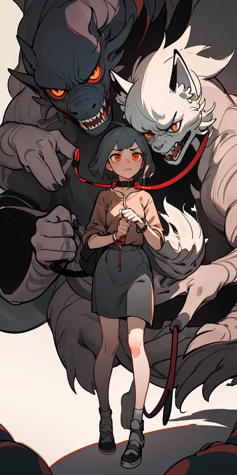 (best quality, masterpiece), fox Monsters, 1girl, holding leash, dark mood,