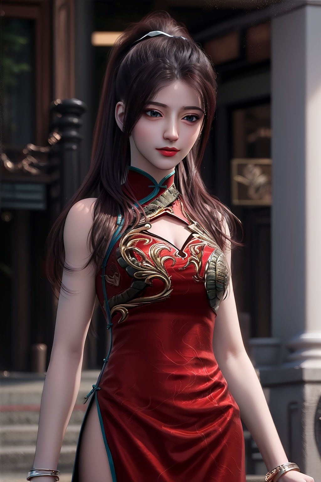 masterpiece,(best quality),official art, extremely detailed cg 8k wallpaper,((crystalstexture skin)), (extremely delicate and beautiful),highly detailed,1girl,solo,long hair,headwear,,standing, hair)(closed mouth),(chinese clothing),dress,Headwear, jewelry,  looking at the audience,Facing the camera,,Outdoor, Street, Sunny,looking_at_viewer, (cleavage, medium breasts), upper body, <lora:hipoly3DModelLora_v10:0.3> <lora:枫岫-龙蛇演义-唐紫尘（旗袍服）00:0.75>