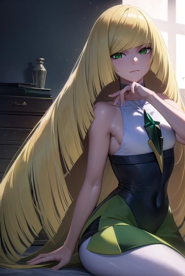 pokemonlusamine, <lora:pokemonlusamine-lora-nochekaiser:1>,pokemonlusamine, blonde hair, (green eyes:1.5), hair over one eye, long hair, multicolored hair, streaked hair, very long hair, <lora:sensualface_type2:1>, smile,BREAK bare arms, diamond (shape), dress, gem, green gemstone, leggings, short dress, sleeveless, sleeveless dress, white dress, white leggings,BREAK looking at viewer, upper body, full body,BREAK indoors,BREAK <lyco:GoodHands-beta2:1>, (masterpiece:1.2), best quality, high resolution, unity 8k wallpaper, (illustration:0.8), (beautiful detailed eyes:1.6), extremely detailed face, perfect lighting, extremely detailed CG, (perfect hands, perfect anatomy),