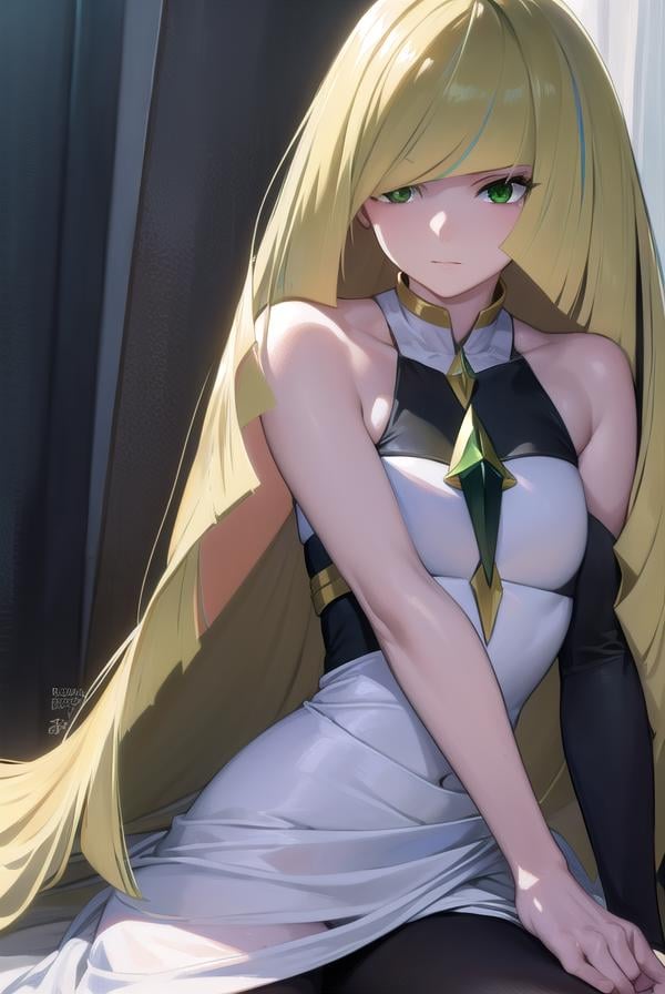 pokemonlusamine, <lora:pokemonlusamine-lora-nochekaiser:1>,pokemonlusamine, blonde hair, (green eyes:1.5), hair over one eye, long hair, multicolored hair, streaked hair, very long hair,BREAK bare arms, diamond (shape), dress, gem, green gemstone, leggings, short dress, sleeveless, sleeveless dress, white dress, white leggings,BREAK looking at viewer, upper body, full body,BREAK indoors,BREAK <lyco:GoodHands-beta2:1>, (masterpiece:1.2), best quality, high resolution, unity 8k wallpaper, (illustration:0.8), (beautiful detailed eyes:1.6), extremely detailed face, perfect lighting, extremely detailed CG, (perfect hands, perfect anatomy),