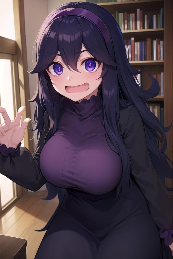 hexmaniac, <lora:hex maniac-lora-nochekaiser:1>,(hex maniac:1.5), hairband, messy hair, (purple eyes:1.1), purple hair, purple hairband, @ @, <lora:wavymouth_type1_v100:1>, open mouth,BREAK black dress, dress, long dress, long sleeves, juliet sleeves,BREAK looking at viewer, upper body, full body, (cowboy shot:1.5),BREAK indoors, library,BREAK <lyco:GoodHands-beta2:1>, (masterpiece:1.2), best quality, high resolution, unity 8k wallpaper, (illustration:0.8), (beautiful detailed eyes:1.6), extremely detailed face, perfect lighting, extremely detailed CG, (perfect hands, perfect anatomy),