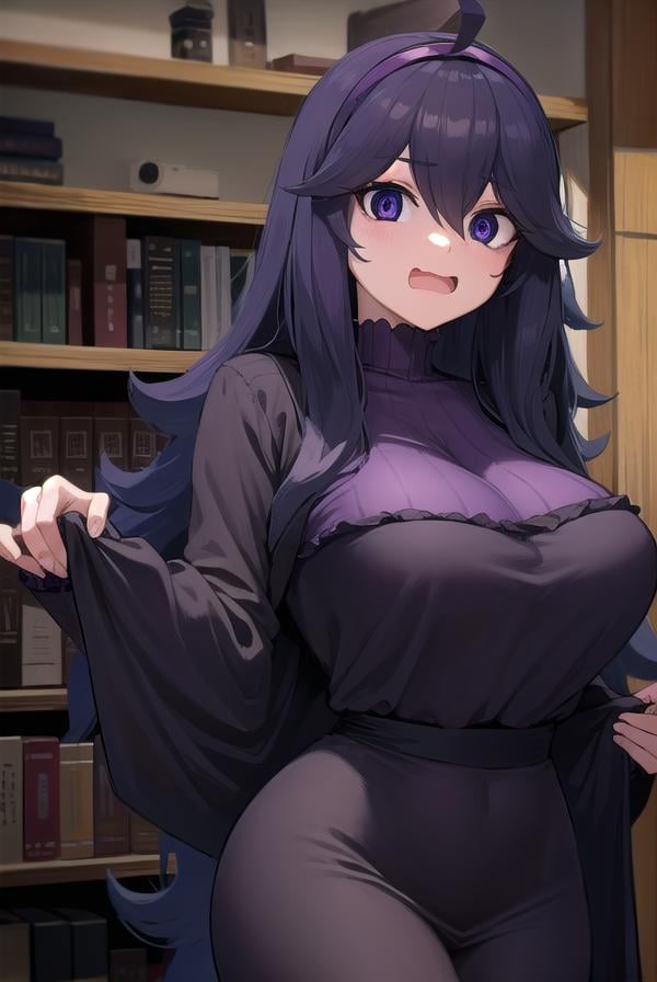 hexmaniac, <lora:hex maniac-lora-nochekaiser:1>,(hex maniac:1.5), hairband, messy hair, (purple eyes:1.1), purple hair, purple hairband, @ @, <lora:wavymouth_type1_v100:1>, open mouth,BREAK black dress, dress, long dress, long sleeves, juliet sleeves,BREAK looking at viewer, upper body, full body, (cowboy shot:1.5),BREAK indoors, library,BREAK <lyco:GoodHands-beta2:1>, (masterpiece:1.2), best quality, high resolution, unity 8k wallpaper, (illustration:0.8), (beautiful detailed eyes:1.6), extremely detailed face, perfect lighting, extremely detailed CG, (perfect hands, perfect anatomy),