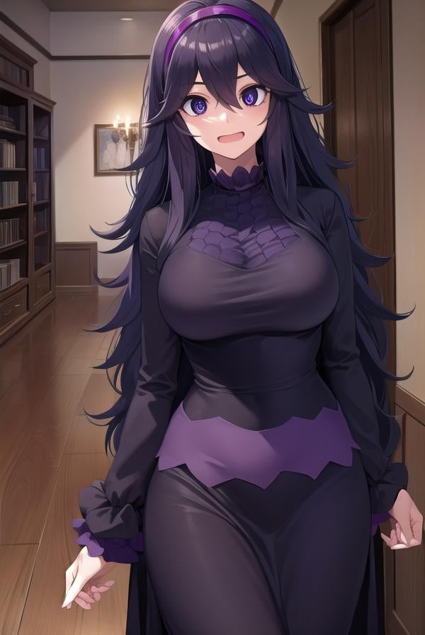 hexmaniac, <lora:hex maniac-lora-nochekaiser:1>,(hex maniac:1.5), hairband, messy hair, (purple eyes:1.1), purple hair, purple hairband, @ @, <lora:wavymouth_type1_v100:1>, open mouth,BREAK black dress, dress, long dress, long sleeves, juliet sleeves,BREAK looking at viewer, upper body, full body, (cowboy shot:1.5),BREAK indoors, library,BREAK <lyco:GoodHands-beta2:1>, (masterpiece:1.2), best quality, high resolution, unity 8k wallpaper, (illustration:0.8), (beautiful detailed eyes:1.6), extremely detailed face, perfect lighting, extremely detailed CG, (perfect hands, perfect anatomy),