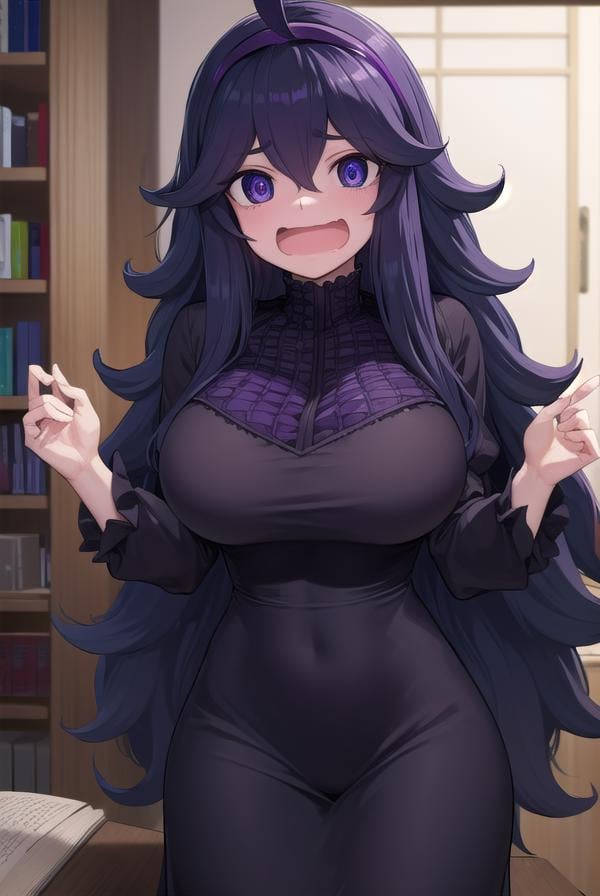 hexmaniac, <lora:hex maniac-lora-nochekaiser:1>,(hex maniac:1.5), hairband, messy hair, (purple eyes:1.1), purple hair, purple hairband, @ @, <lora:wavymouth_type1_v100:1>, open mouth,BREAK black dress, dress, long dress, long sleeves, juliet sleeves,BREAK looking at viewer, upper body, full body, (cowboy shot:1.5),BREAK indoors, library,BREAK <lyco:GoodHands-beta2:1>, (masterpiece:1.2), best quality, high resolution, unity 8k wallpaper, (illustration:0.8), (beautiful detailed eyes:1.6), extremely detailed face, perfect lighting, extremely detailed CG, (perfect hands, perfect anatomy),